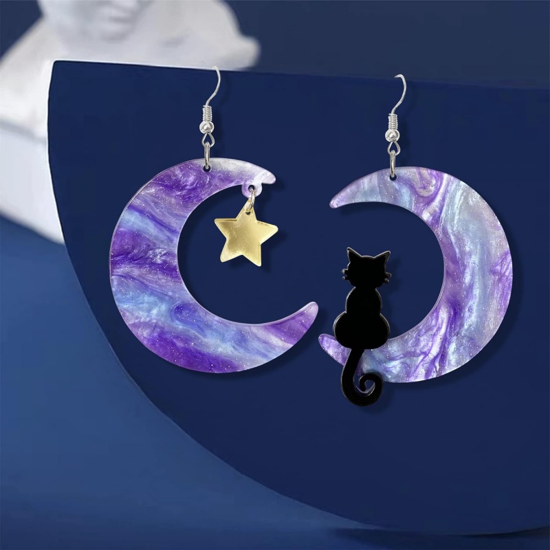 Fashion Japanese and Korean asymmetrical Acrylic moon cat earrings personality creative meow star ladies student earrings