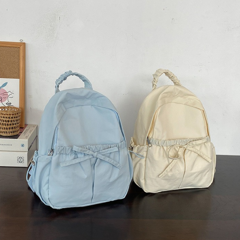 Japanese Style Women's Backpack, Lightweight Fashion Student Bag with Bow, Simple Solid Color Casual Travel Rucksack for School
