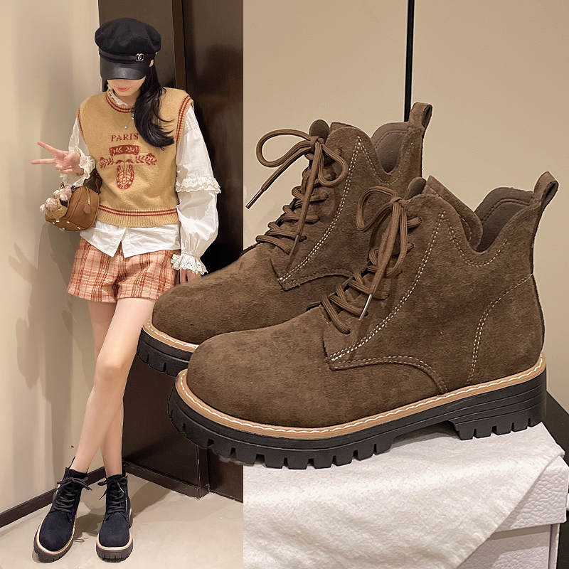Fall Winter New Women's British Style Boots - Wide Width Retro Platform Ankle Boots Round Toe Lace-Up Non-Slip Wear-Resistant