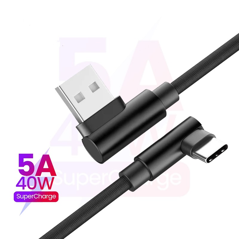 40W 5A USB To Type C Fast Charging Cable 90 Degree Elbow Weave Charger Data Cable USB Type-C Charge Adapter Wire 0.25/1/1.5/2M