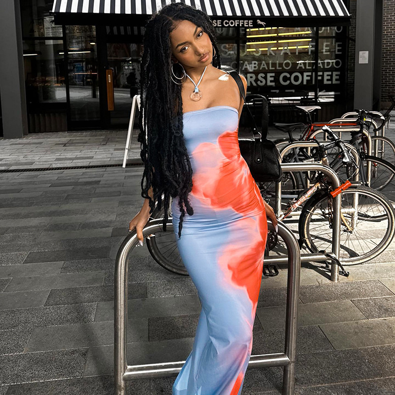 Strapless Print Tube Maxi Dress Women Off Shoulder Backless Stretch Long Sundress Summer Beach Y2K Clothes