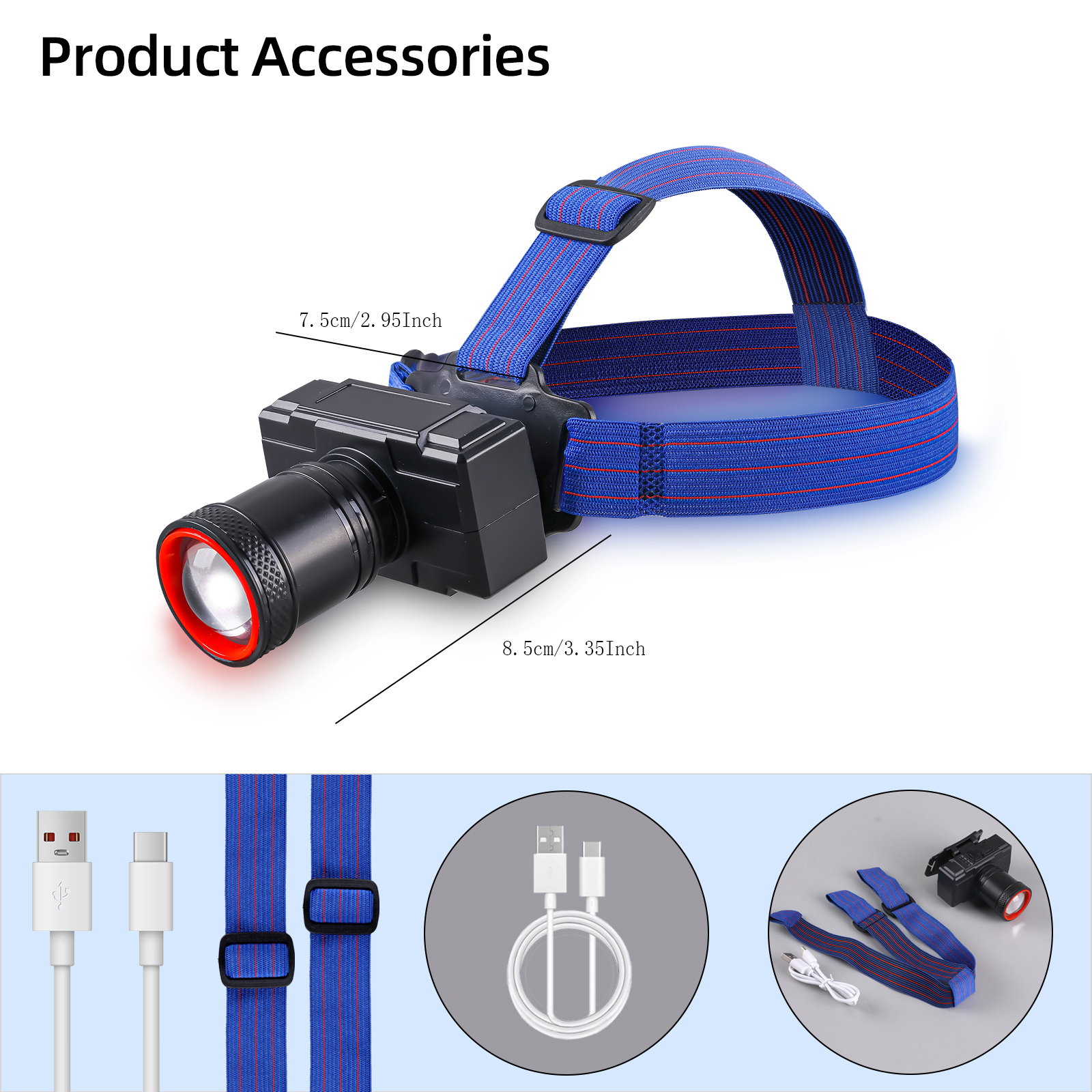 Portable Led Headlamp, Usb-C Charging, Adjustable Focus, Ultra-Bright Led Light Source, Suitable for Outdoor Hiking, Camping, Car Repair, and Machine Inspection Work