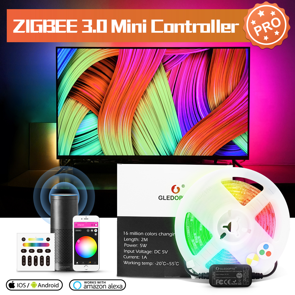 GLEDOPTO PRO 2M RGBCCT Zigbee LED Strip Light TV Backlight Smart Kit 5V USB RGB CCT Stripe Tape Ribbon Work with Hub Alexa Echo