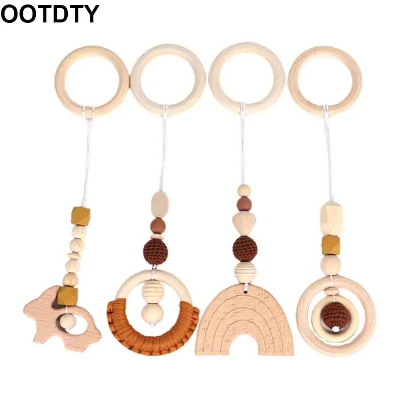 4 Pcs/Set Baby Teething Nursing Rattle Play Gym Frame Stroller Hanging Pendants Wooden Ring Teether Molar