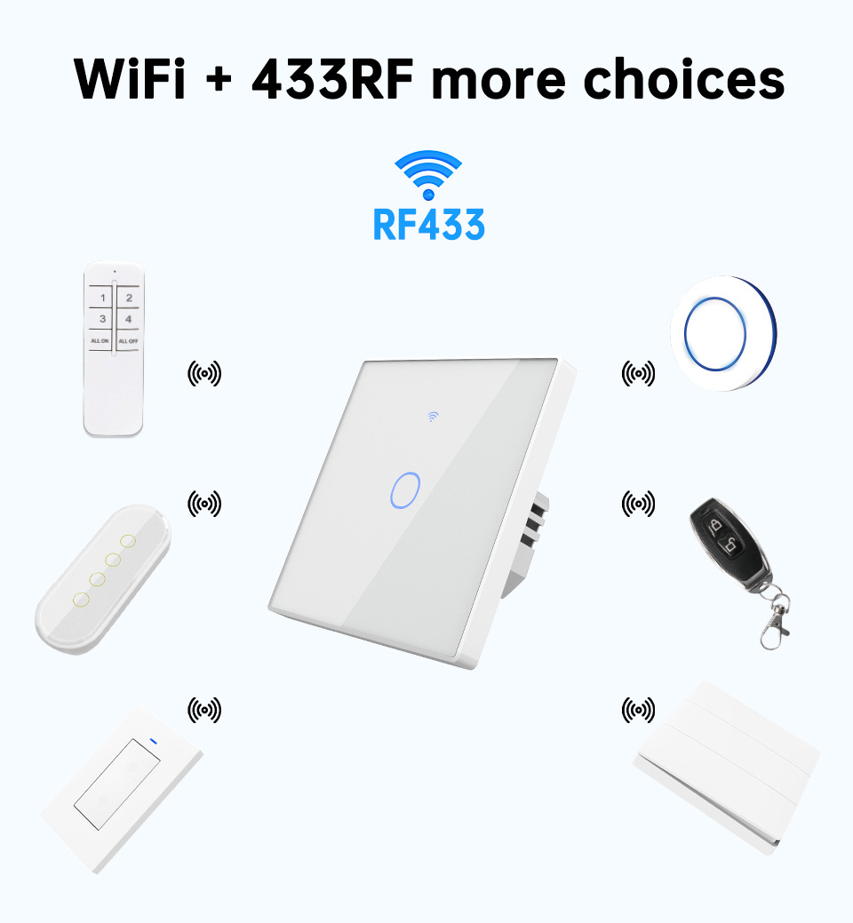 TUYA WiFi RF433 Wall Touch Switch - Suitable for EU Lamps. Compatible with Alexa and Home. Remote 1/2/3/4 Sockets.