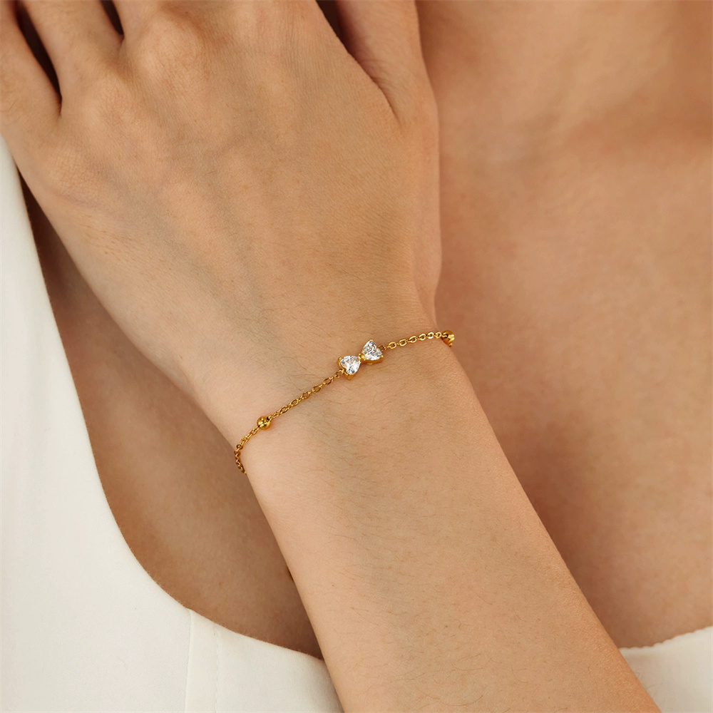 Cute Small Beads Chain Link Bracelet Female Gold Color Stainless Steel CZ Bow Bowknot Charm Bracelets for Women Jewelry Gift