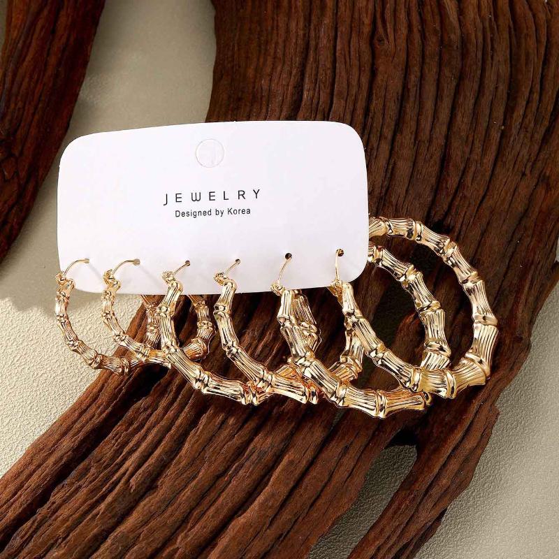 3Pairs Set Hoop Earrings Set Bamboo-shaped Round Circle Earring For Women Girls Gold Silver Color Alloy Hyperbole Party Jewelry