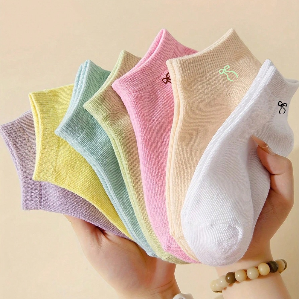 New Korean Style Cute Cartoon Women's Socks, Candy Color Solid Color Ankle Socks with Bowknot, Summer Short Socks