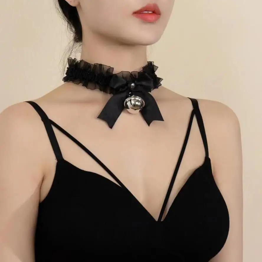 1 Pcs Simple Lace Collar Pendant Bow Knot Bell Choker Necklace Dress Girls Jewelry Cute Fashion Creative Women Gothic