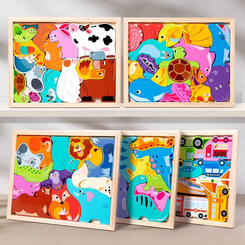 Hot New 3D Puzzle Wooden Toys Baby Learning Educational Hand Grasp Board Cartoon Animal Fruit and Vegetable Jigsaw Toy