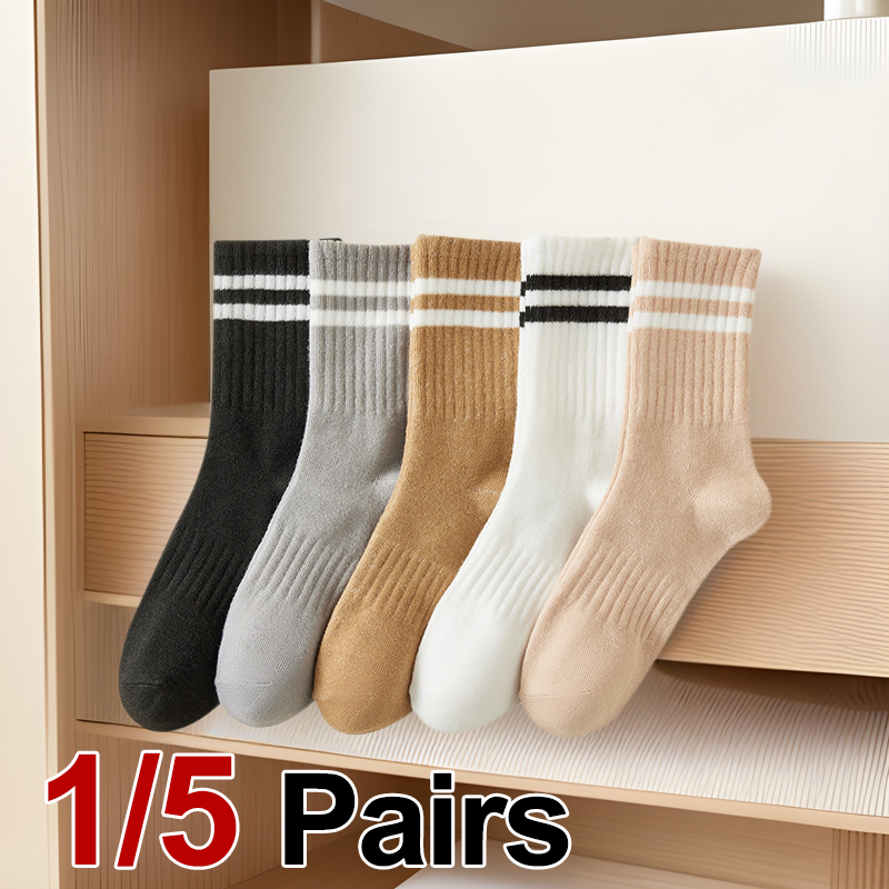 1/5 Pairs Women Autumn Winter Solid Color Striped Mid Tube Socks Warmth Comfort Fashion College Style Sports Leisure Socks