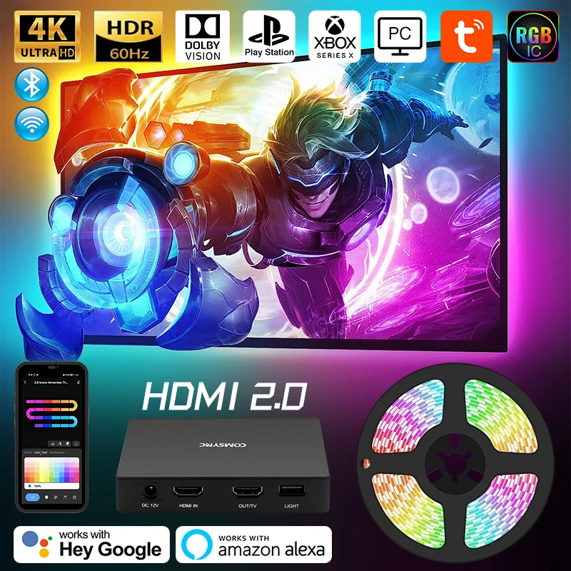 Immersion TV LED Backlight with Smart Tuya APP, HDMI 2.0 Sync Box for 55-85 Inch TV, Compatible with Alexa & Assistant
