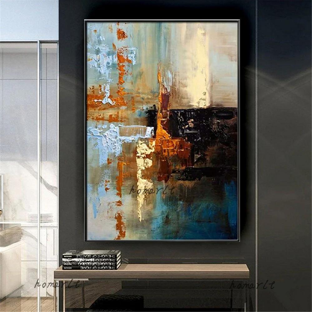 Handmade Nordic Modern Abstract Oil Painting on Canvas Blue Green Textured Wall Art for Living Room Porch Decor