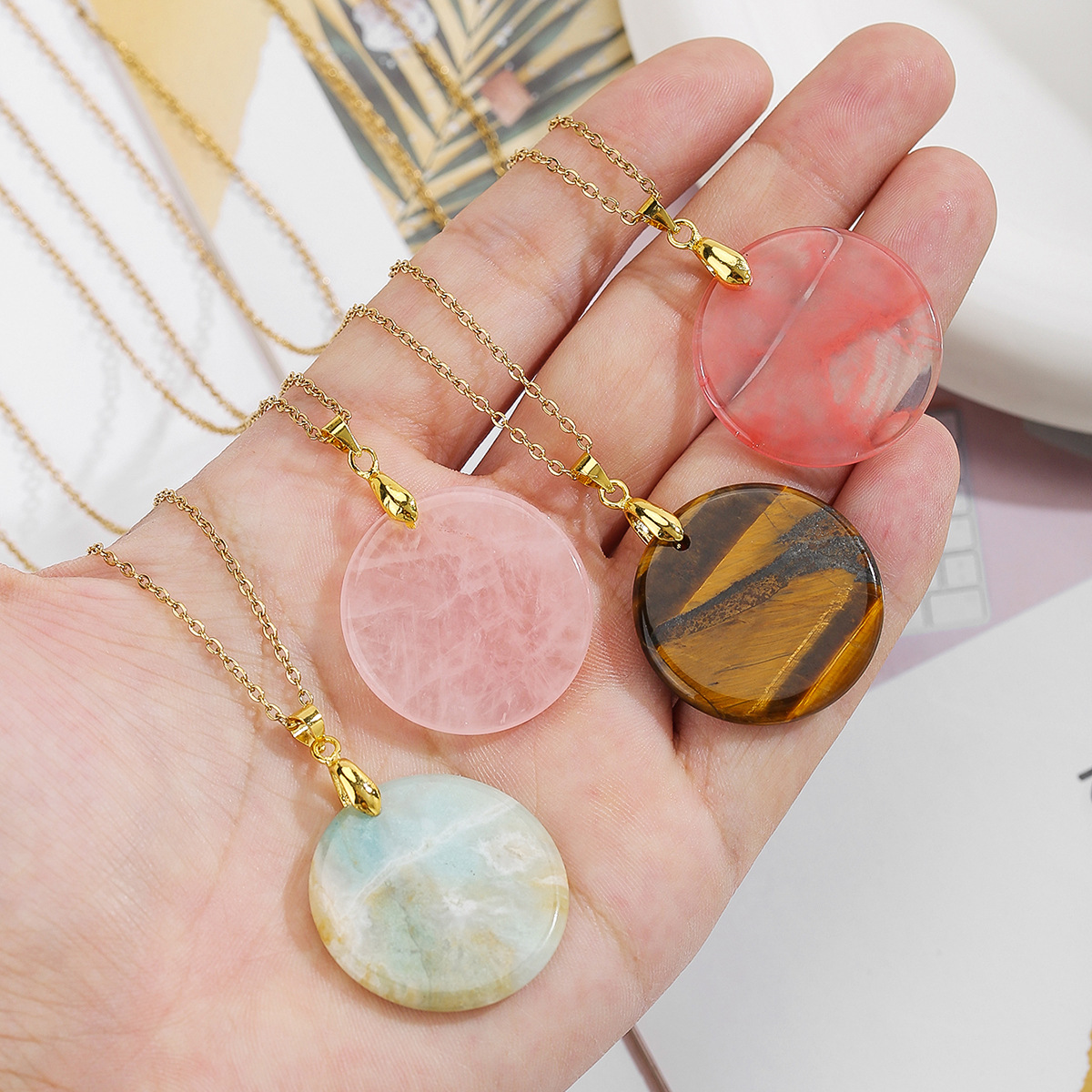 1pc Round Slice Stone Pendent Necklace Natural Tiger Eye Lapis Lazuli Stone Chain Necklace Exquisite Jewelry For Women