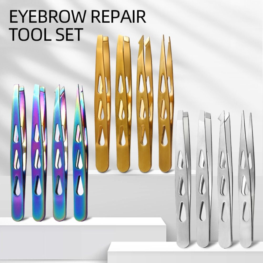 4PCS/Set Stainless Steel Eyebrow Tweezers Oblique Mouth Pointed Tip Beard Tweezers Multifunctional Portable Lash Extension Tool