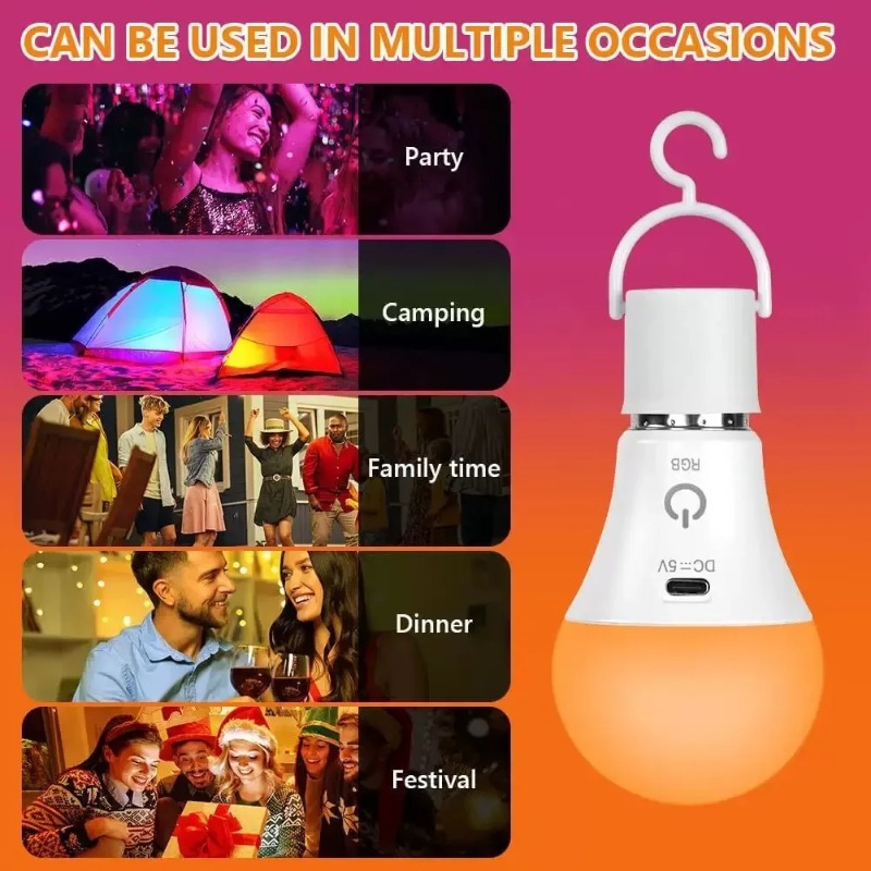 1/2PC Rechargeable Light Bulb RGB color USB Led Bulb Smart Bulb Dimmable E27 Bulb with Timing Cordless Battery Operated Light