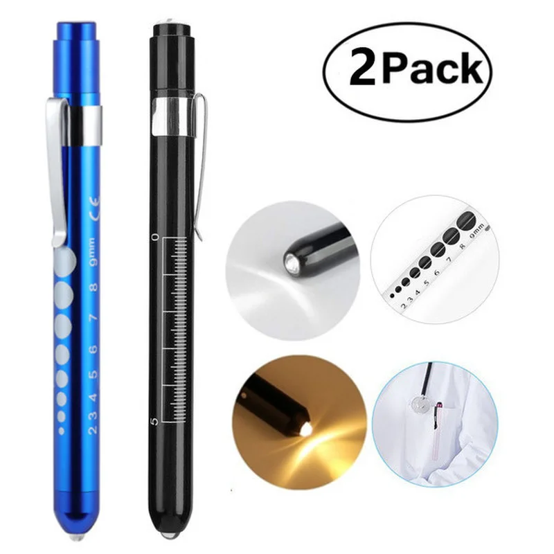 2Pcs Portable Led Flashlight Work Light Medical First Aid Pen Light Torch Lamp with Pupil Gauge Measurements Doctor Diagnosis pen gpt