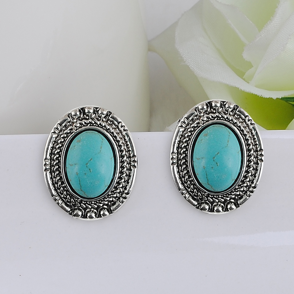 Vintage Natural Stone Stud Earrings Tibetan Silver Color Elegant Boucle D'oreille Design Women's for Valentine's Day