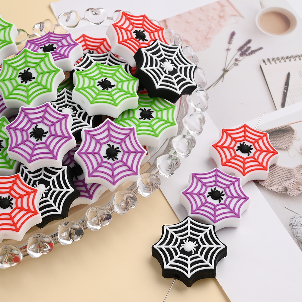 4Pcs Silicone Baby Teether Focus Bead 4 Colors 28mm Spider Web Bead for DIY Handmade Jewelry Accessories Pacifier Chain Clips