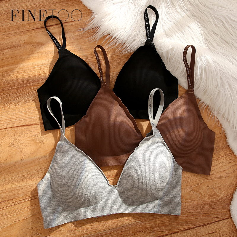 FINETOO Women Wireless Bra Deep V Padded Bralette S-XL Trendy Stripe Knitting Bras Ladies Brassiere Solid Underwear 6 Color