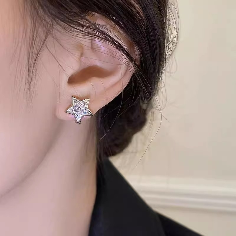 Korean Niche Star Earrings for Women, S925 Sterling Silver Zircon Star Earrings, Super Shiny Small Five-Pointed Star Earrings