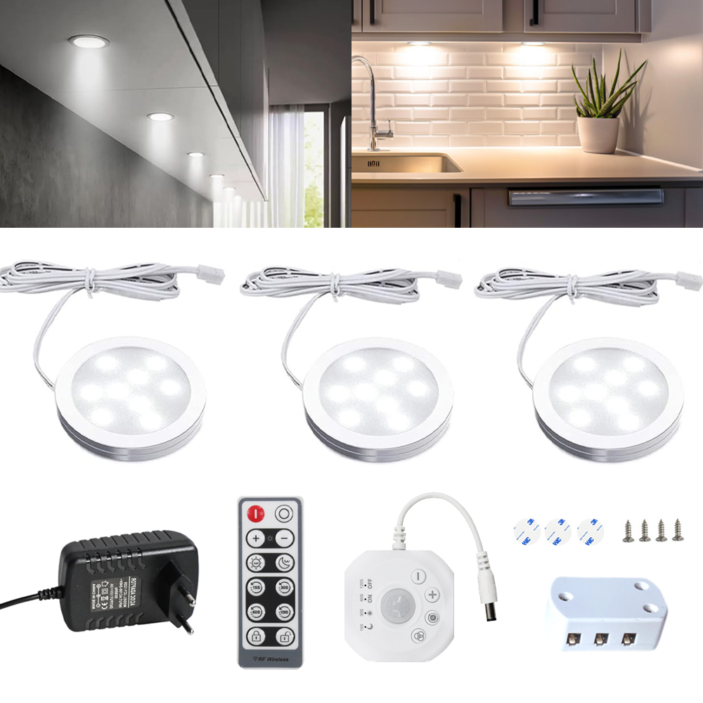 12V Round LED Under Cabinet Light PIR Motion Sensor Furniture Wardrobe Kitchen Showcase Lamp Warm White Auto ON/OFF with Remote