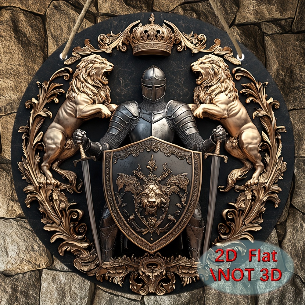 2D flat, 1pc retro medieval knight emblem wooden wall - circular recycled wood decoration, magnificent lion and sword design