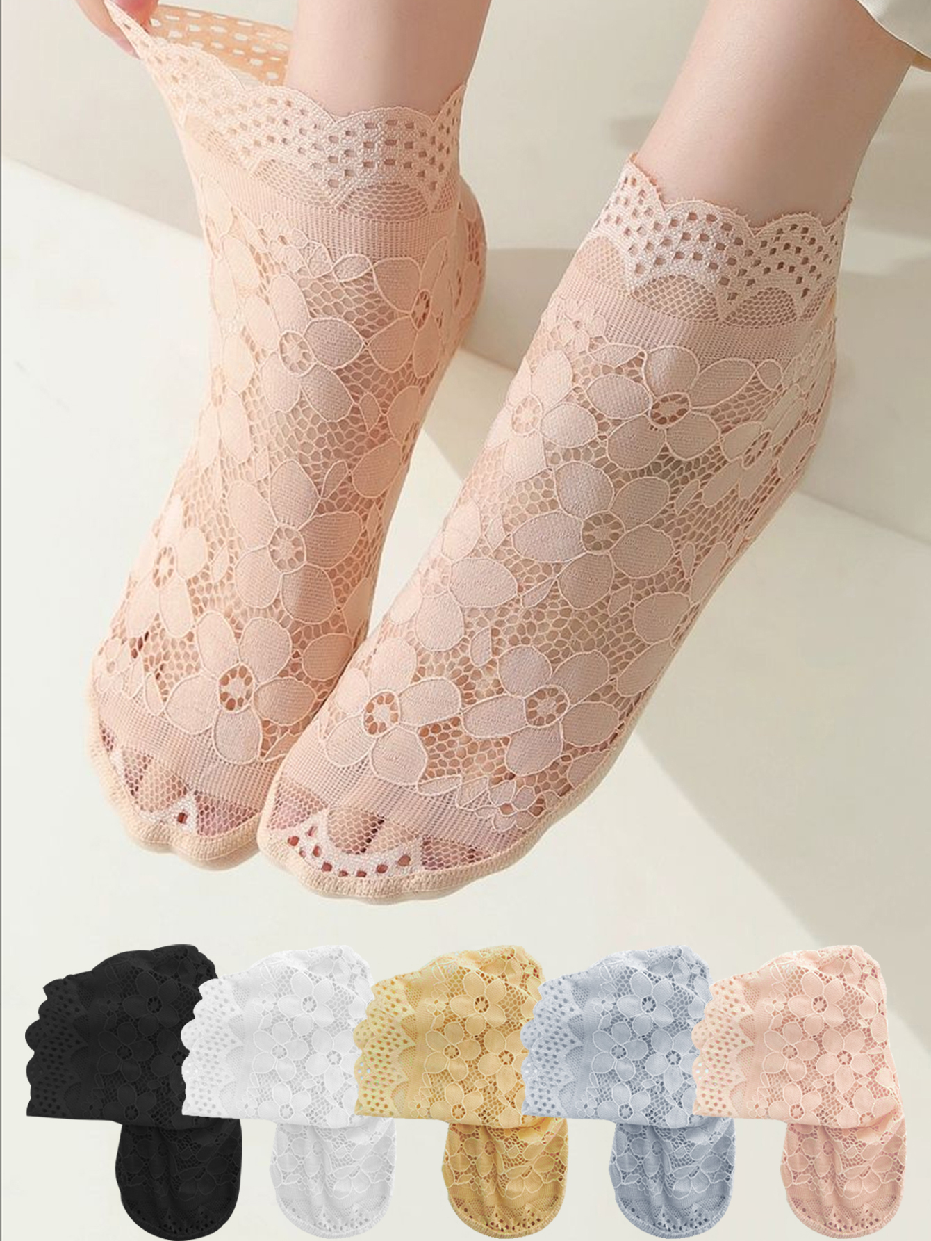 1/5 Pairs Lace Socks Women Summer Solid Color Thin Short Socks Floral Sheers Tulle Transparent Socks Ladies Soft Comfort