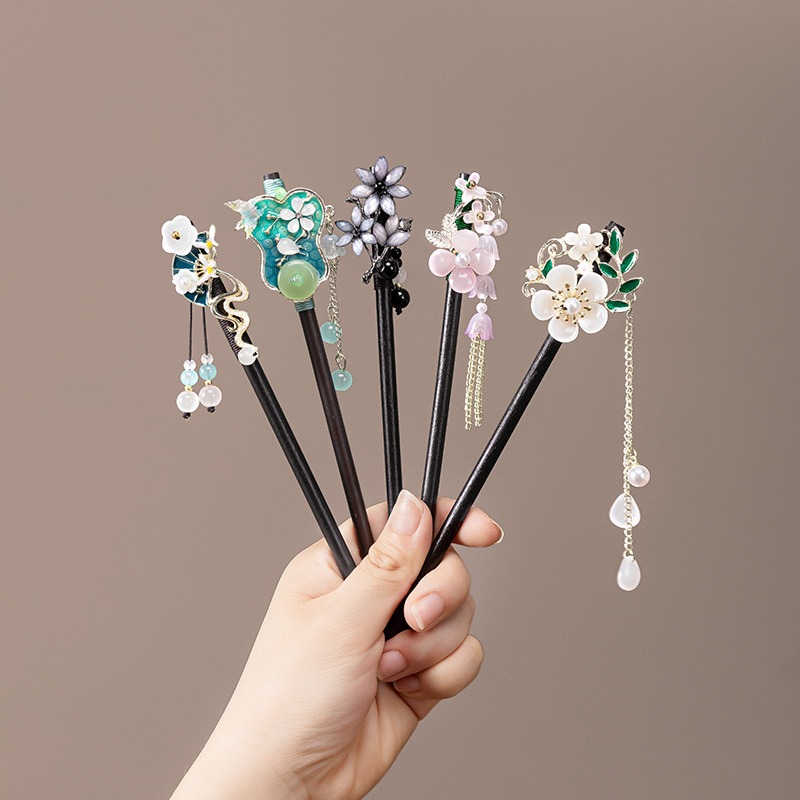 New Chinese Style Antique Style Green Fan Flower Women's Walk Shaking Wooden Hairpin Banquet Party Cheongsam Hanfu Accessories