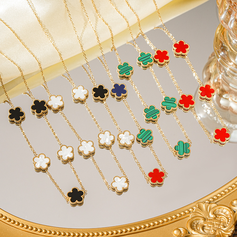 EVISPOL 1pc Lucky Clover Women's Necklace Double Sided Shell Flower Jewelry Gold Plated Stainless Steel Necklace Bracelet