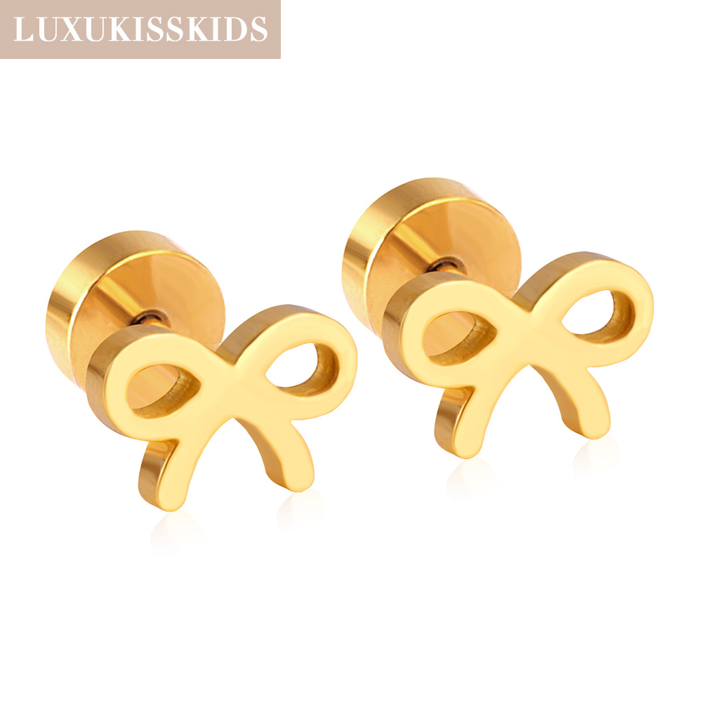 LUXUKISSKIDS Cute Bowknot Shape Stud Earrings For Woman/Girls Stainless Steel Gold Plated Rhinestone Jewellry Daily Wear/Gifts