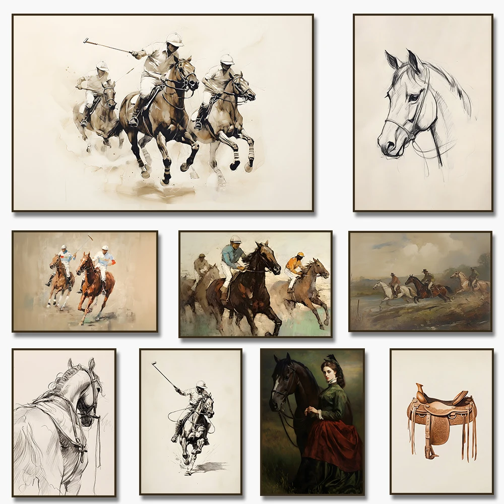 Vintage Polo Etching Horse Jockey Canvas Art Print Antique Equestrian Farmhouse Wall Decor for Home Room