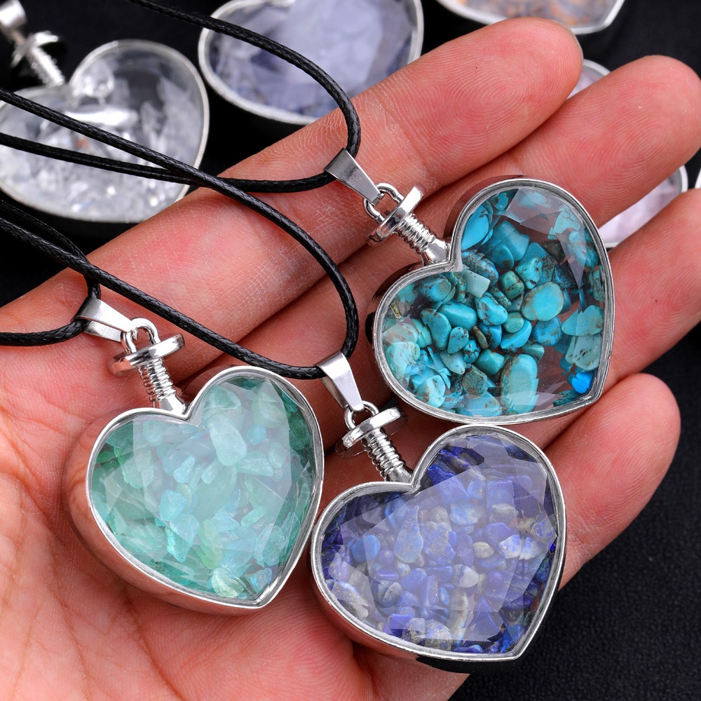 Natural Stone Bottle Necklace For Girls Creative Broken Stone Jewelry Healing Crystal Stone Heart pendant love glass bottle
