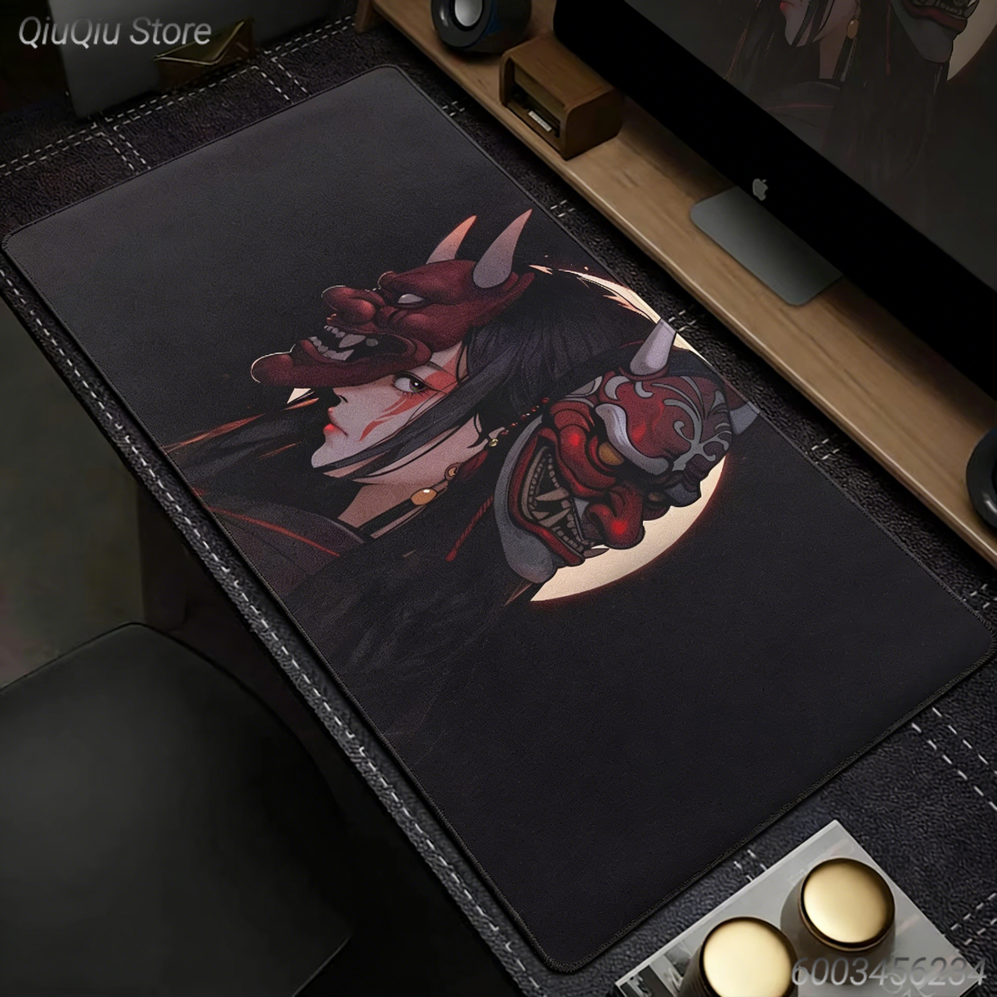 Anime Oni Mask Girl Extended Mouse Pad, Black & Red Japanese Style Gaming Desk Mat, Anti-Slip Computer Mat for Office
