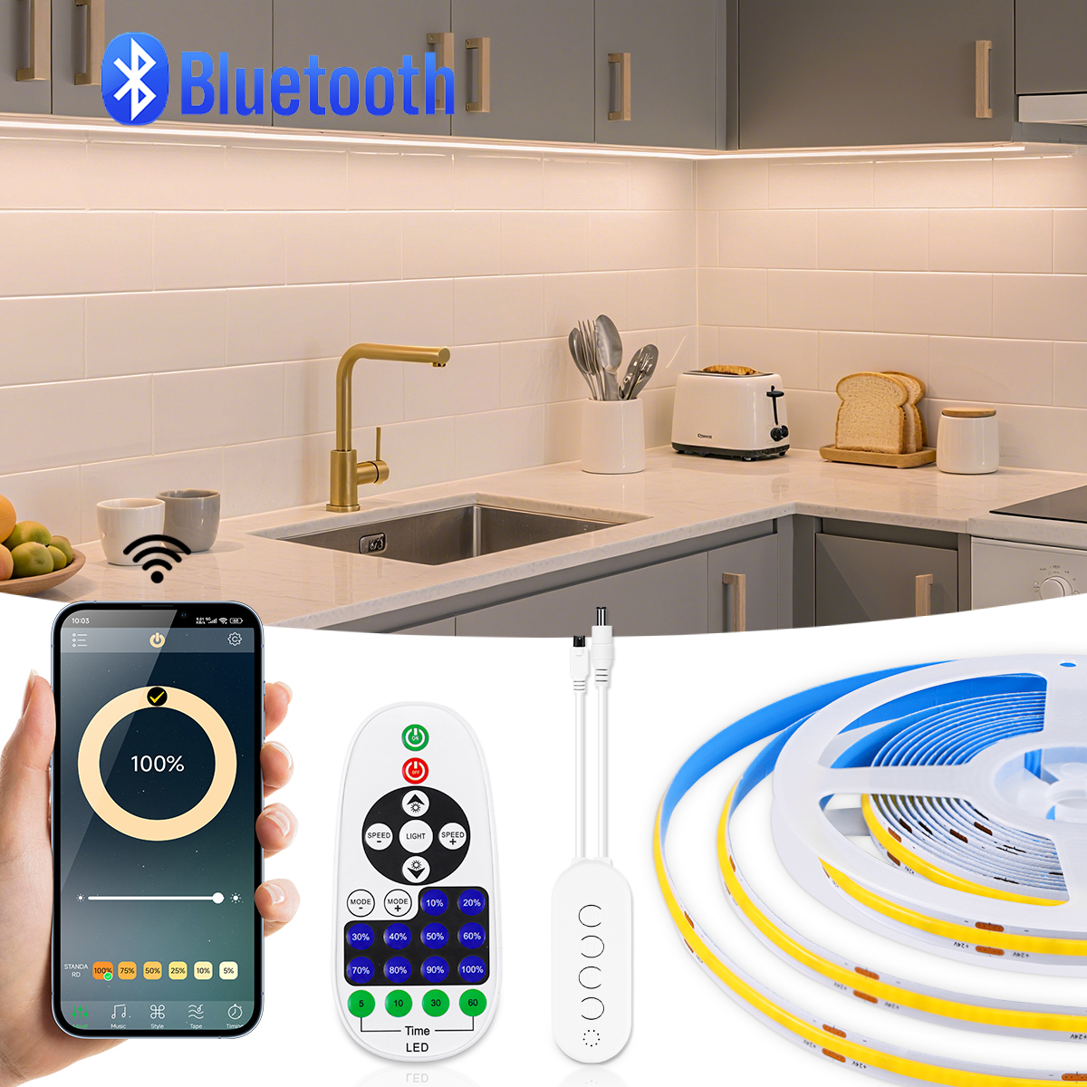 2M 5M 10M Bluetooth App Control/RF Remote Control Smart LED Light Kitchen Living Room Bedroom Lighting COB Lamp EU/US Power Plug