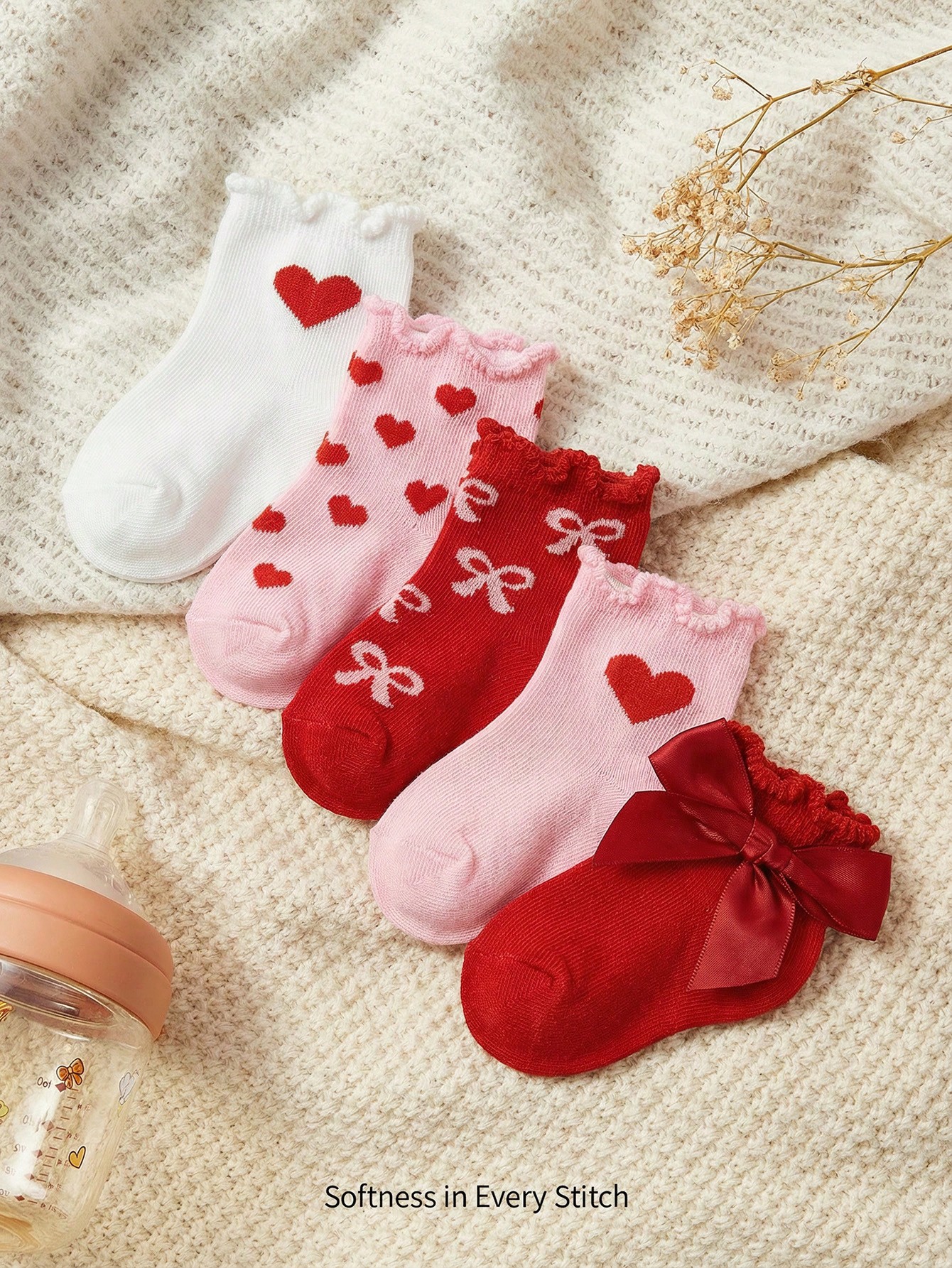 5 Pairs Of Baby Socks, Love Bow, Cute Lace Socks, Warm Indoor And Outdoor Can Be Worn