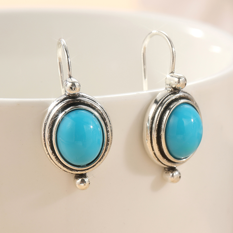 Fashion Retro Geometry Oval Long Pendant Earrings For Women Blue Synthetic Gemstone Earrings Jewelry