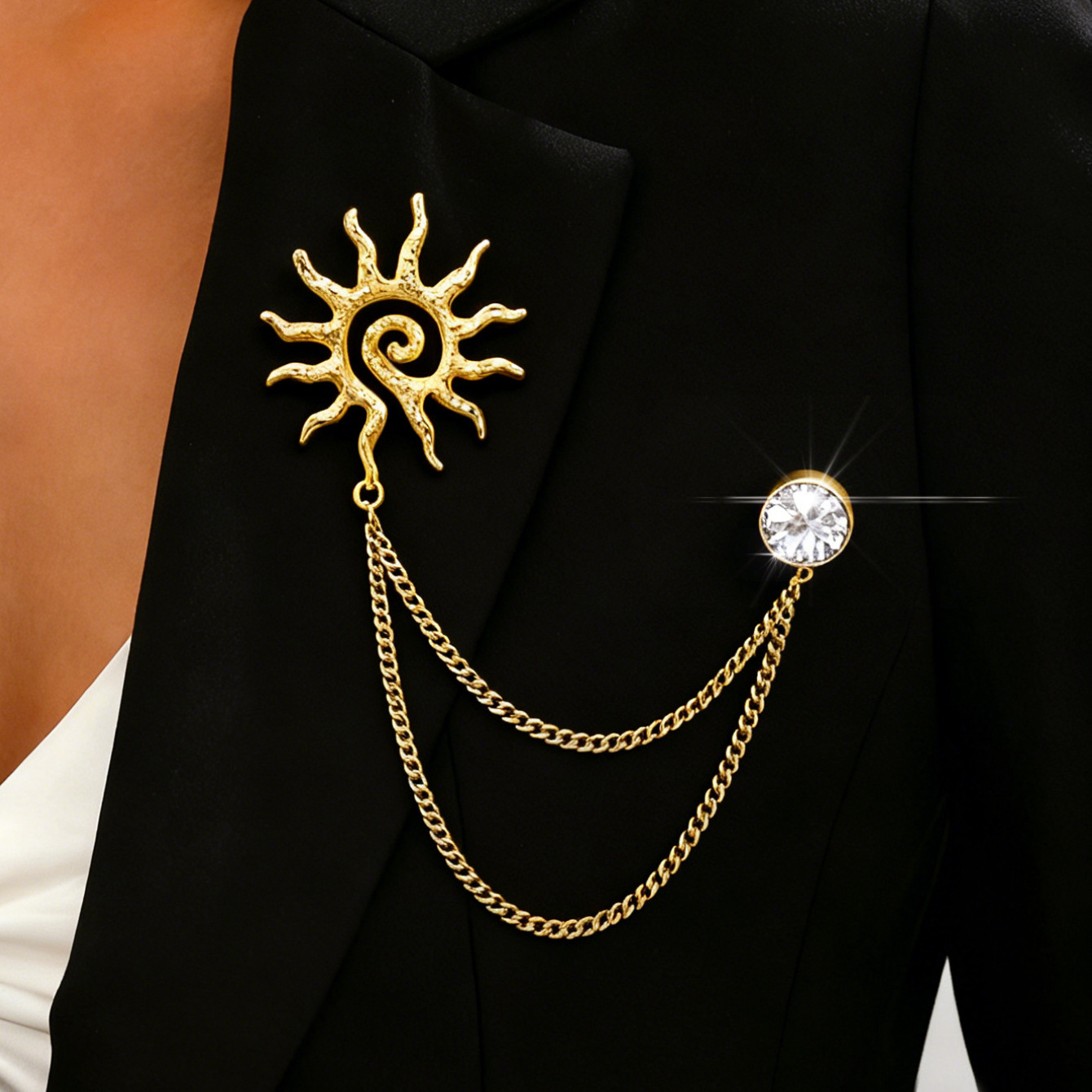 1 piece fashionable hollow sun rhinestone brooch light luxury simplicity high sense double chain elegant collar pin