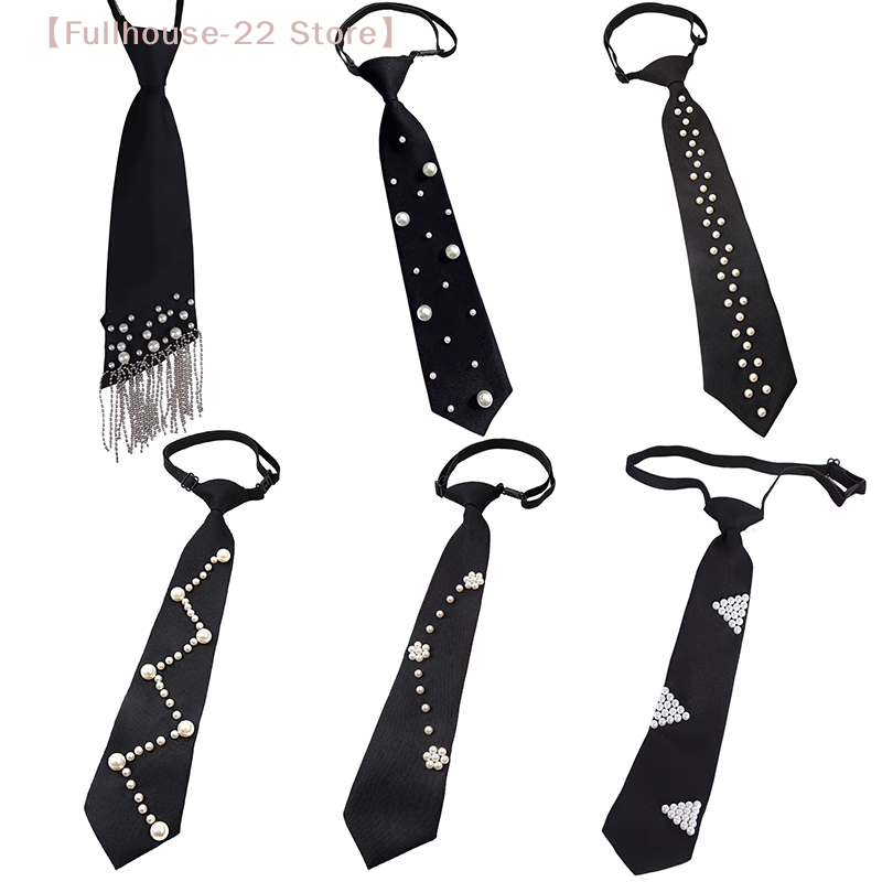 【MAX-22】1Pcs Korean Style Pearls Tie Tassels Black Beaded Long Necktie Academic Style Geometric Decoration Shirt Tie For Women