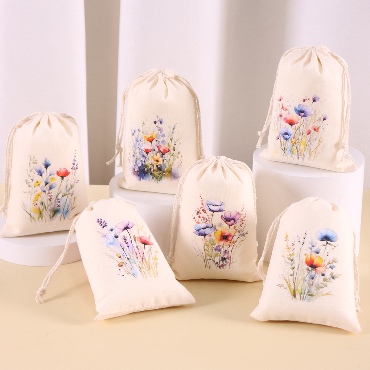 6pcs Waterolor Flower Bags Mixed Floral Prined Cotton Drawstring Bags Birthday Wedding Party Needs