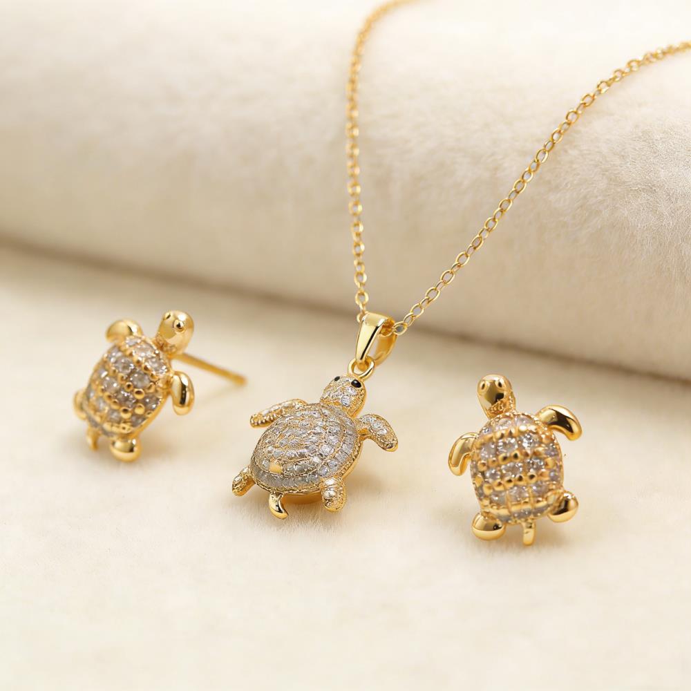 Cute Animal Turtle Stud Earrings Clavicle Necklaces For Women Gold Color Full White Zircon Bridal Jewelry Sets