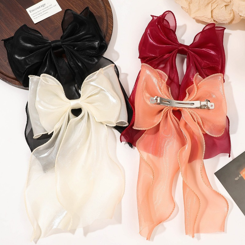 1pc Off - White Mesh Ribbon Bow with Tail Spring, Elegant and Sweet Hairpin, Cute Style, Valentine's Day Gift.