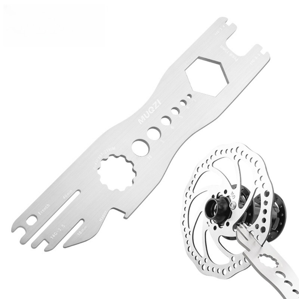 Bicycle disc brake disc repair tools, spoke pedal removal wrenches, bottom bracket sleeves, multi-functional tools