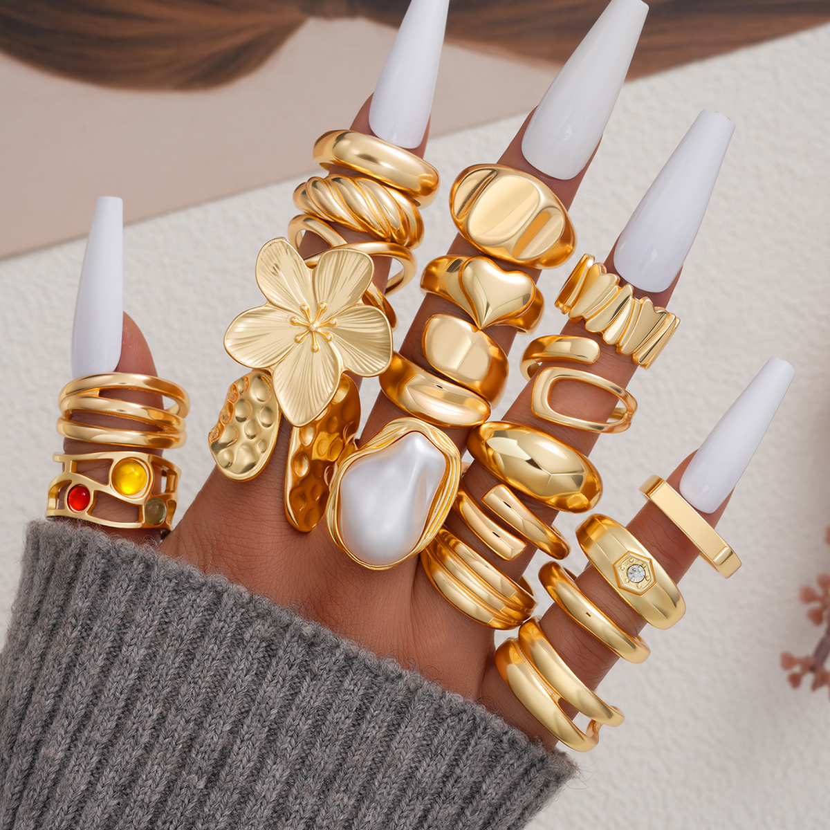 Retro Creative Flower Rhinestone Design Rings Set For Women Fashion Elegant Simple Pearl Geometric Thick Ring Daily Date Jewelry