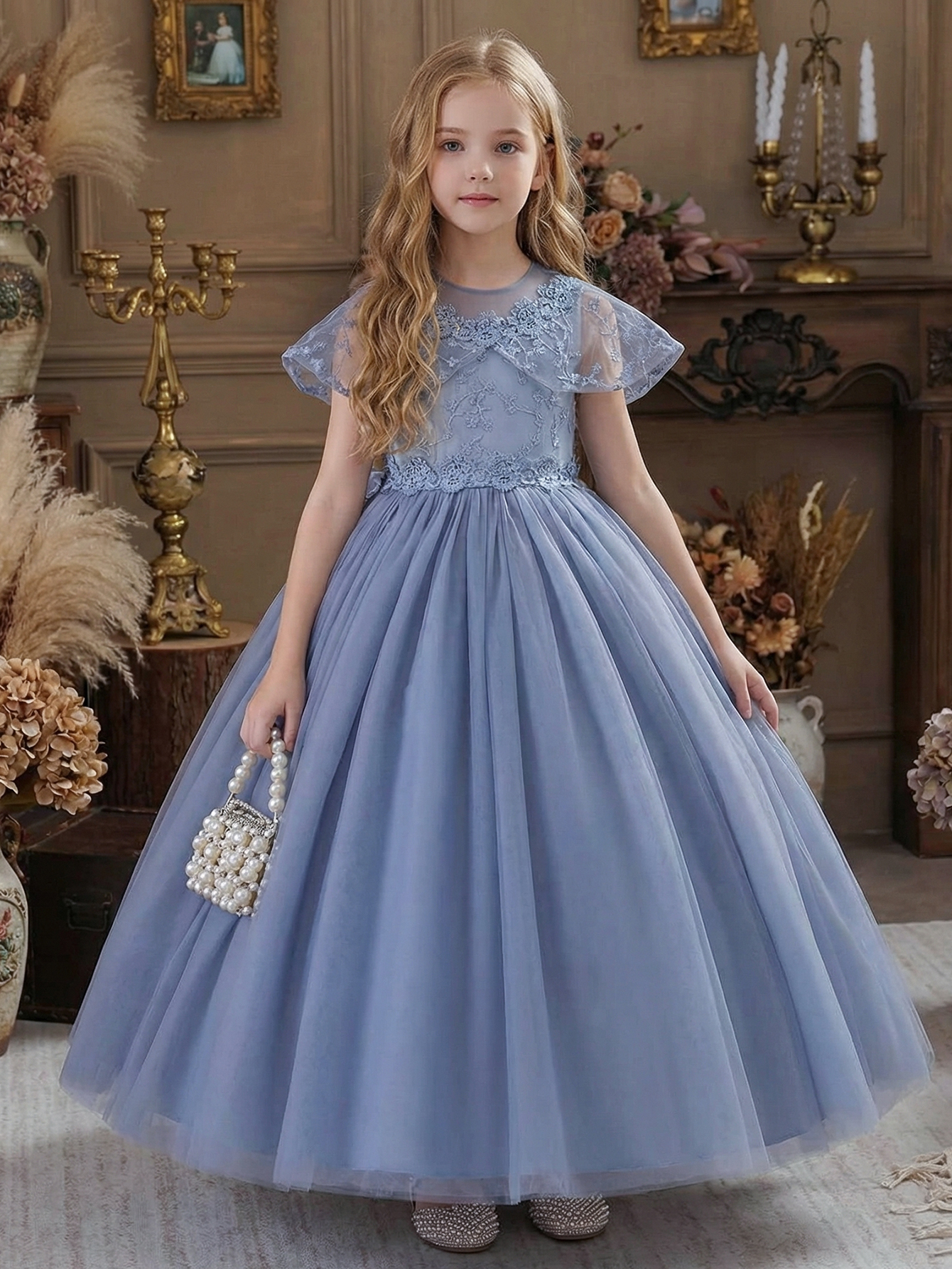Tween Girl Grey Blue Wedding Flower Girl Dress with Removable Butterfly Knot Decorative Belt, Small Shawl with Floral Embroidery