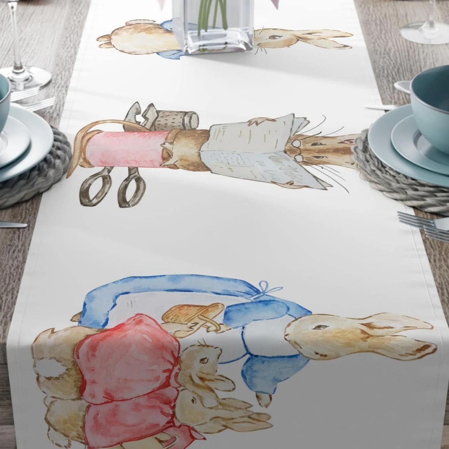 Peter Rabbit Beatrix Potter Table Runner, Spring Party Decor, Cotton Poly Cloth for Table, Baby Shower, Easter Dining