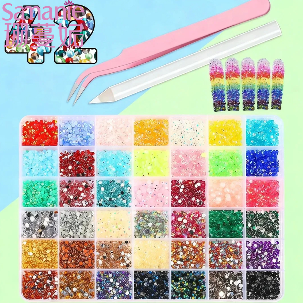 3D Glass AB Crystal Rhinestones Kit 42Gird Flatback Round Bead Charm Gem Stones Jewelry Diamond with Tools for Nail Art
