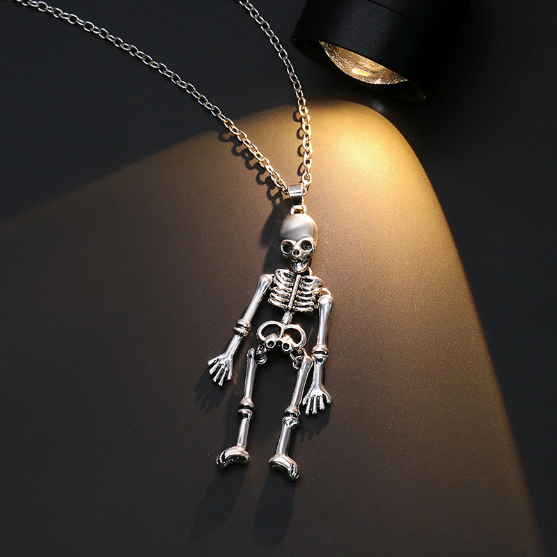 Retro Punk Skeleton Ghost Pendant Necklace Halloween Skull Necklace Long Sweater Chain Accessories for Women Men Teen Party
