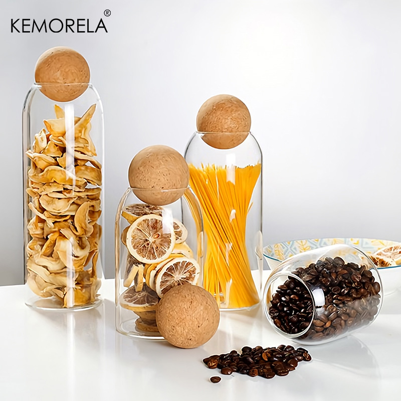 KEMORELA 1PC Storage Glass Jar Transparent Bottle With Ball Cork Lid, Tank Sealed Tea Dried Fruit Cereal Snack Coffee Beans Cans