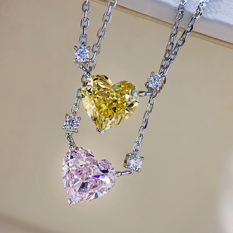 Huitan Chic Crystal/Pink/Yellow Heart CZ Necklace for Women Simple Stylish Accessories Party Daily Wear Statement Jewelry
